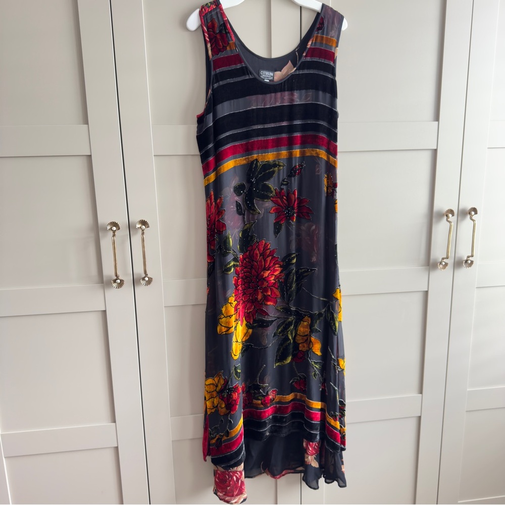 Citron Velvet Floral Burnout Dress Size Large Santa Monica Women’s Lined